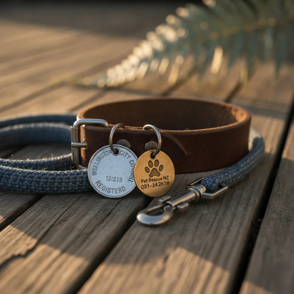 Close up of a dog collar, council tag, and lead resting on a wooden porch, symbolizing the legal handover of pet ownership