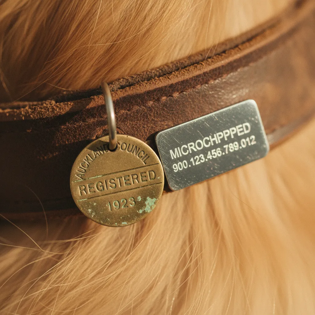 Close up of a dog collar showing a New Zealand council registration tag