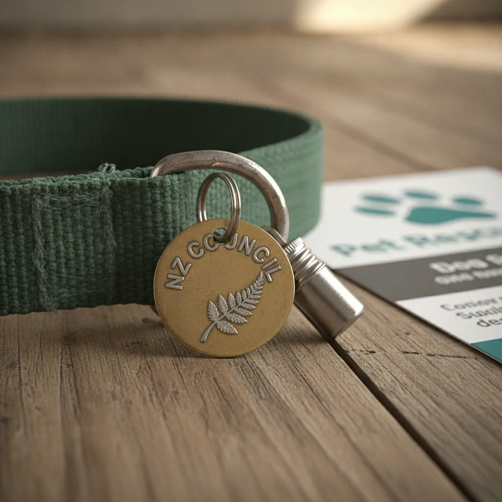 Close-up of a dog collar with a local council registration tag and microchip barrel