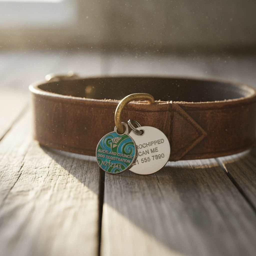 Close-up of a dog collar with a New Zealand council registration tag, highlighting legal compliance for pet owners