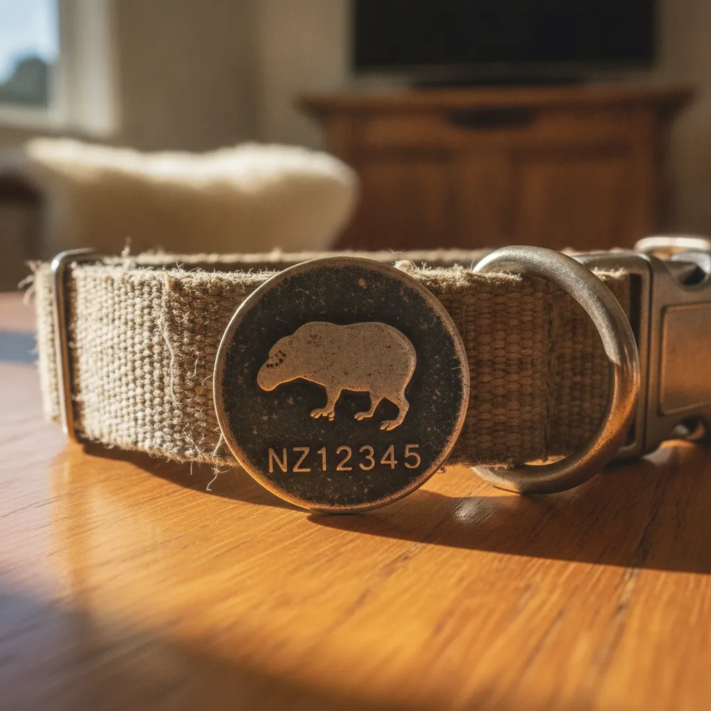 Close up of a dog collar with a New Zealand council registration tag