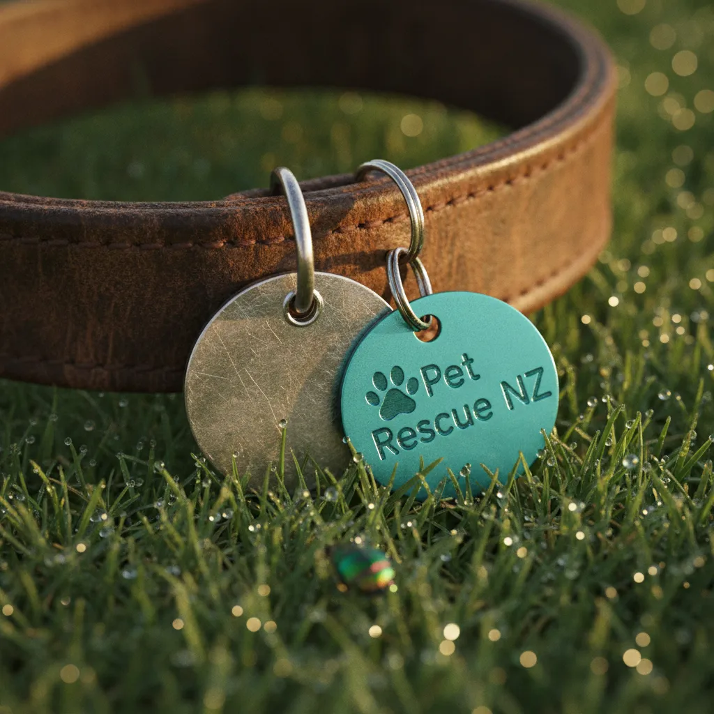 Close up of a dog collar with council registration and microchip tags in New Zealand