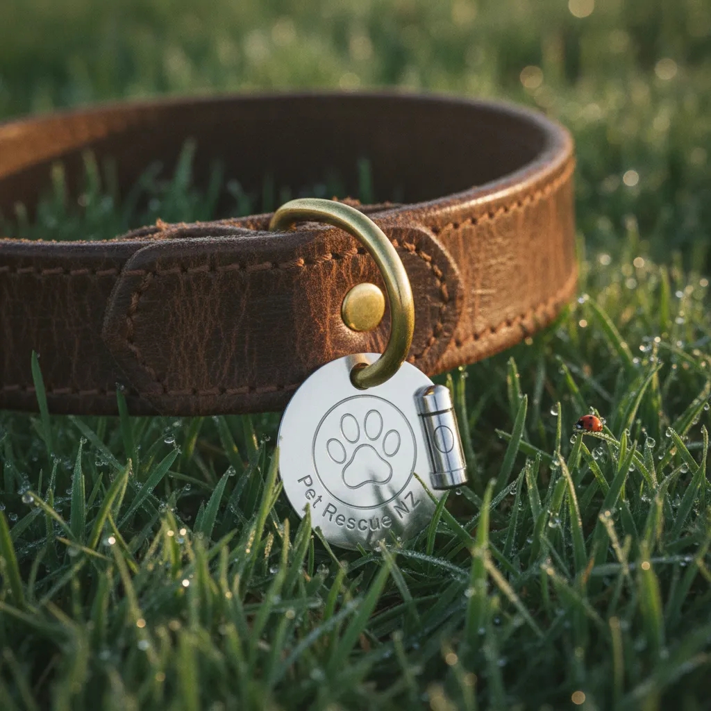 Close up of a dog collar with council registration and microchip tags on grass