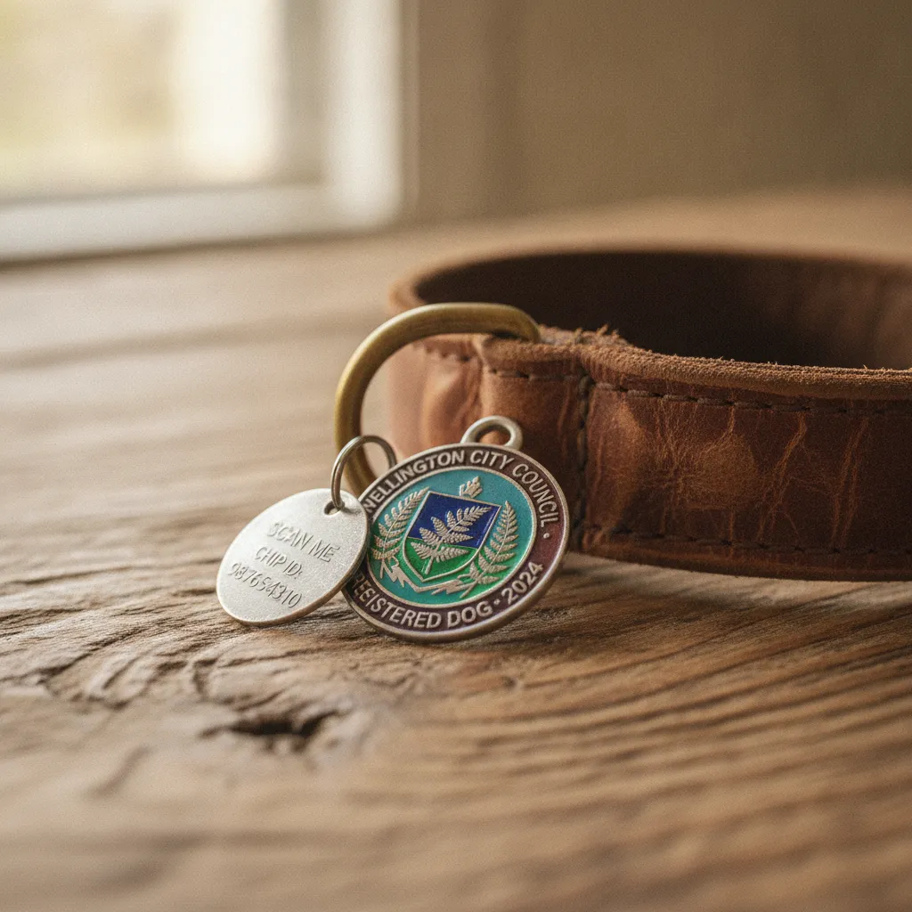 Close up of a dog collar with New Zealand council registration and microchip tags