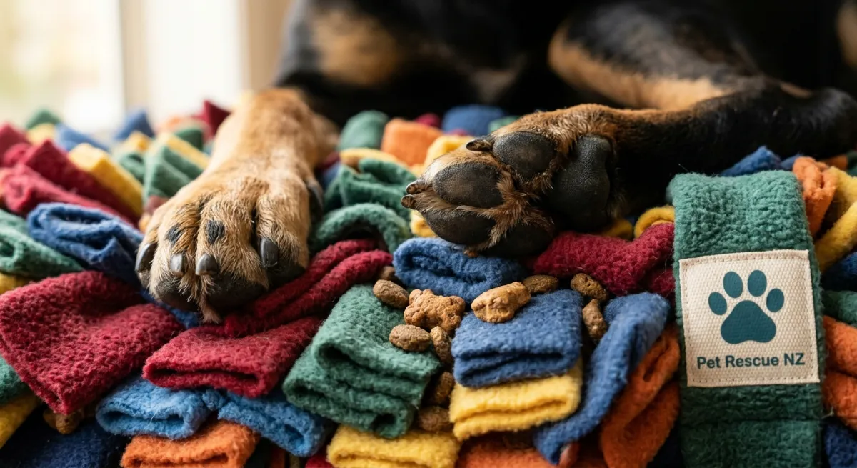 Close up of a dog finding kibble hidden inside a fabric snuffle mat