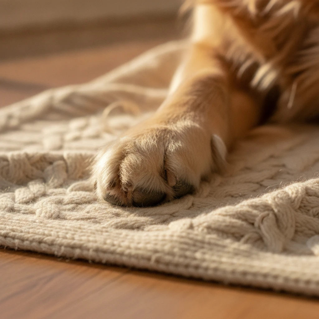 Close up of a dog paw on a blanket, representing a safe home-to-home pet adoption