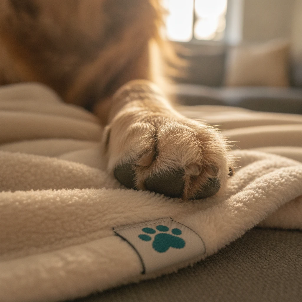 Close up of a dog paw resting comfortably on a soft fleece blanket at home