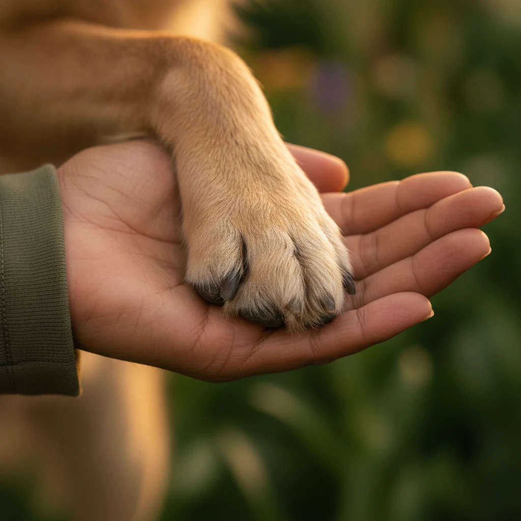 Close up of a dog paw resting in a human hand, symbolising trust during the rehoming process