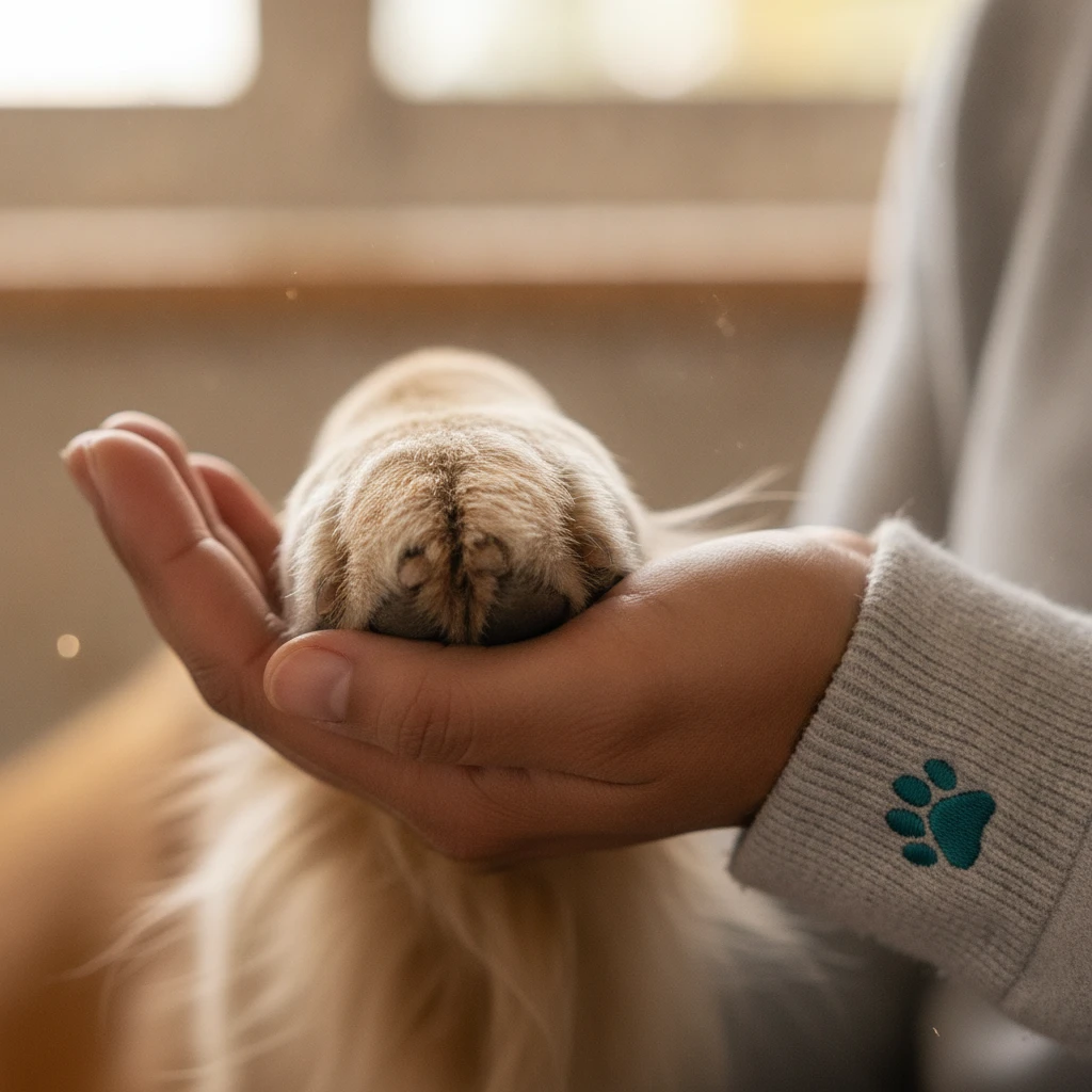 Close up of a dog paw resting in a human hand symbolizing trust and adoption