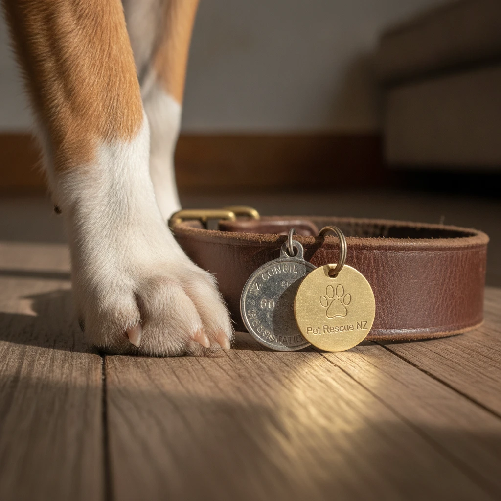 Close up of a dog paw resting near a leather collar and New Zealand council dog registration tag