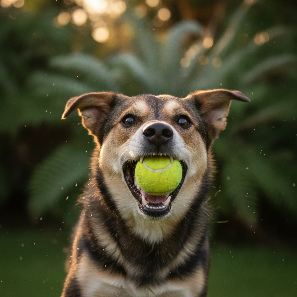 Close up of a dog playing with a tennis ball in a New Zealand backyard