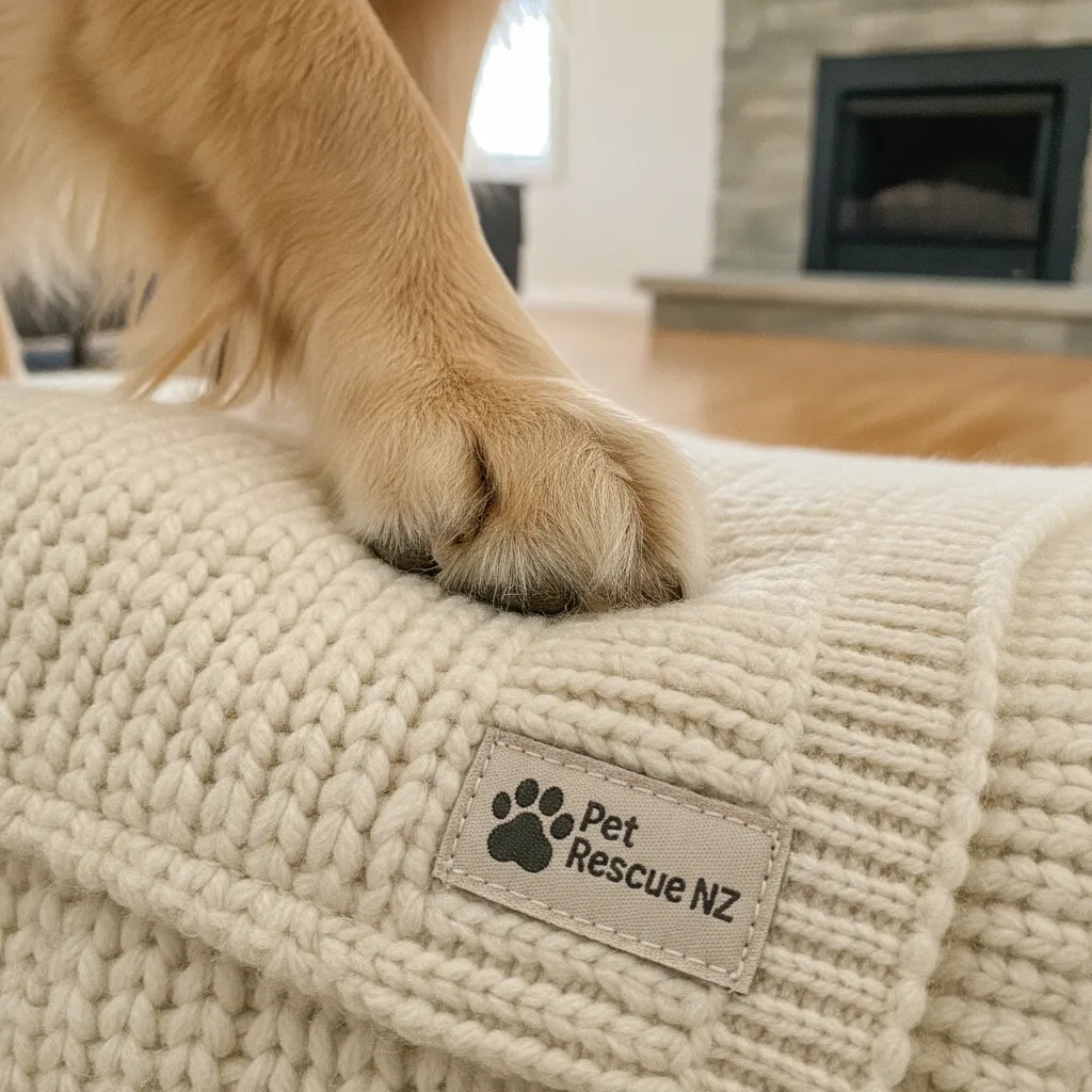 Close up of a dog resting comfortably at home on a blanket