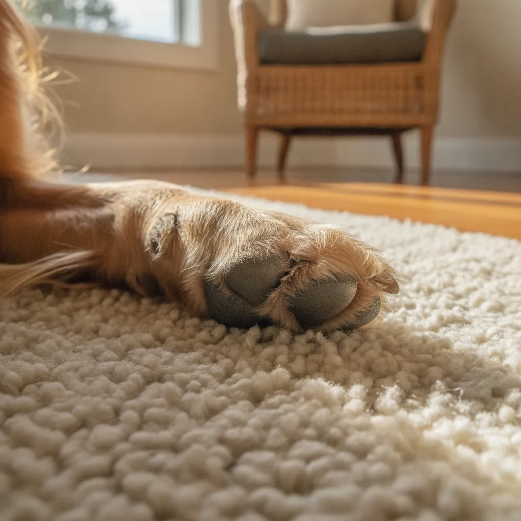 Close up of a dog's paw resting comfortably on a living room rug
