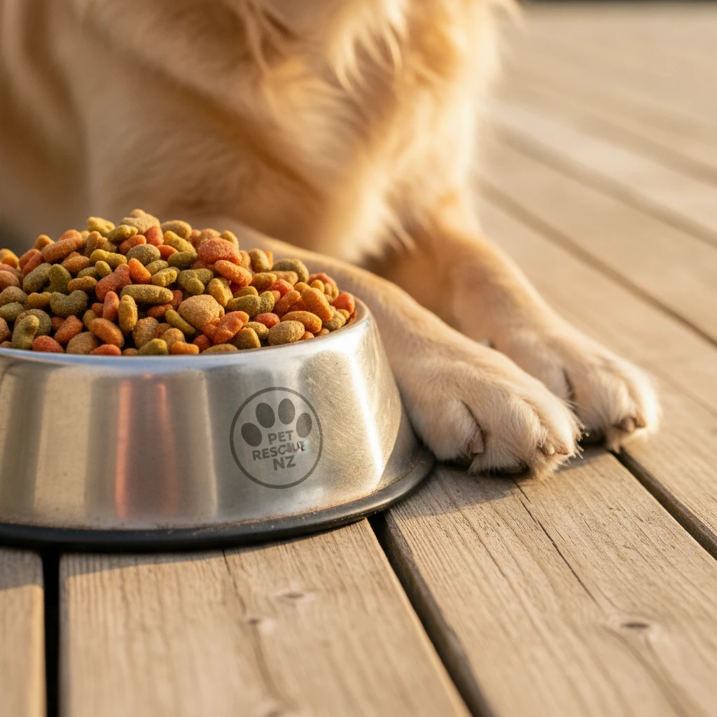 Close up of a dog's paws next to a full metal food bowl on a wooden deck