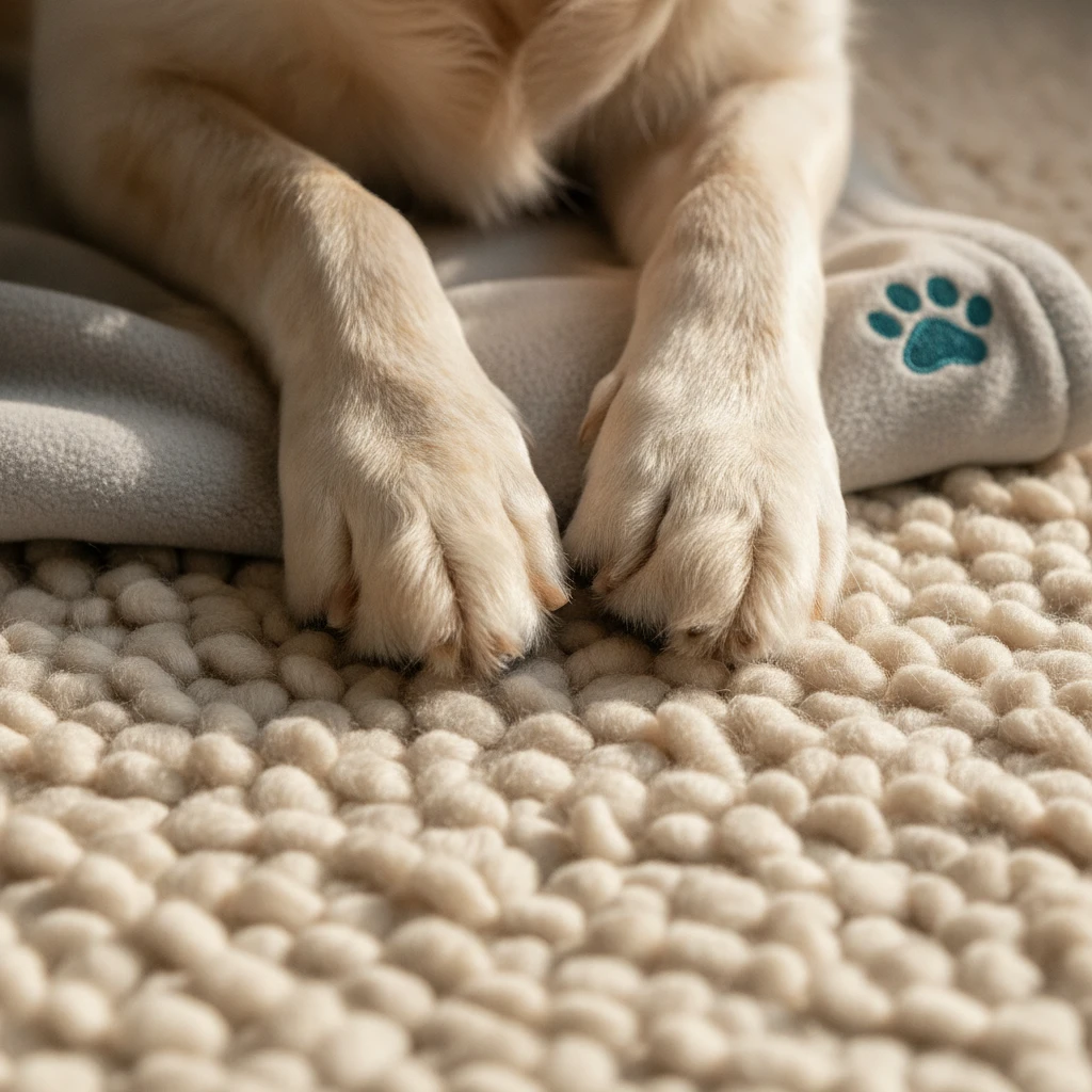 Close up of a dog's paws resting safely on a living room rug