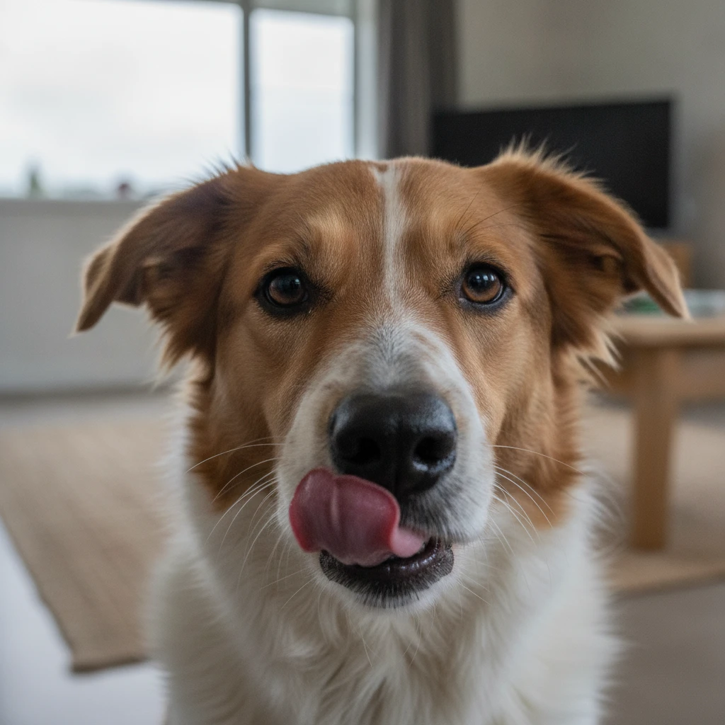 Close-up of a dog showing subtle stress signals like lip licking and pinned ears