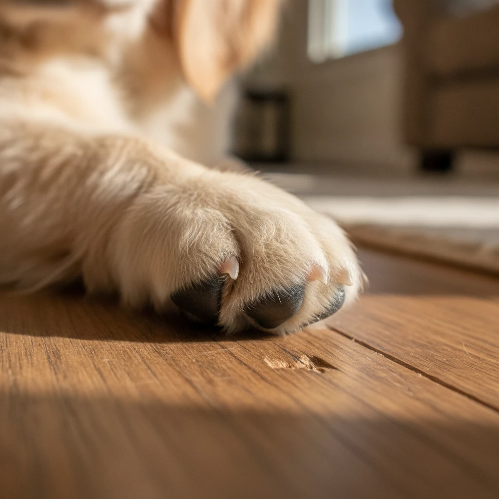 Close up of a Golden Retriever puppy paw resting on a wooden floor, representing the vulnerable pets that need safe rehoming.