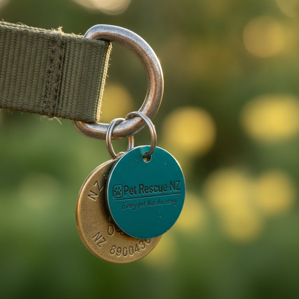 Close-up of a New Zealand council dog registration tag and microchip tag