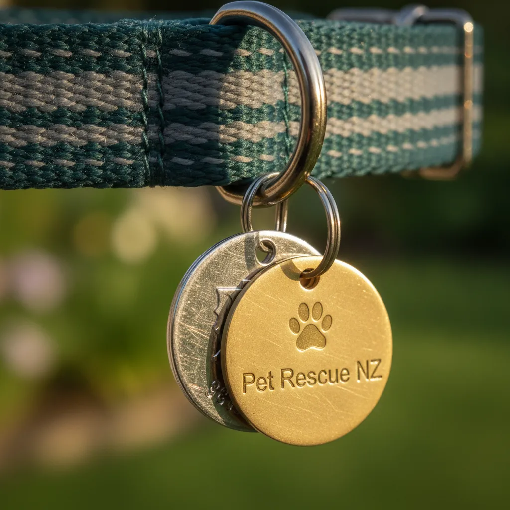 Close up of a New Zealand dog council registration tag and microchip tag on a collar