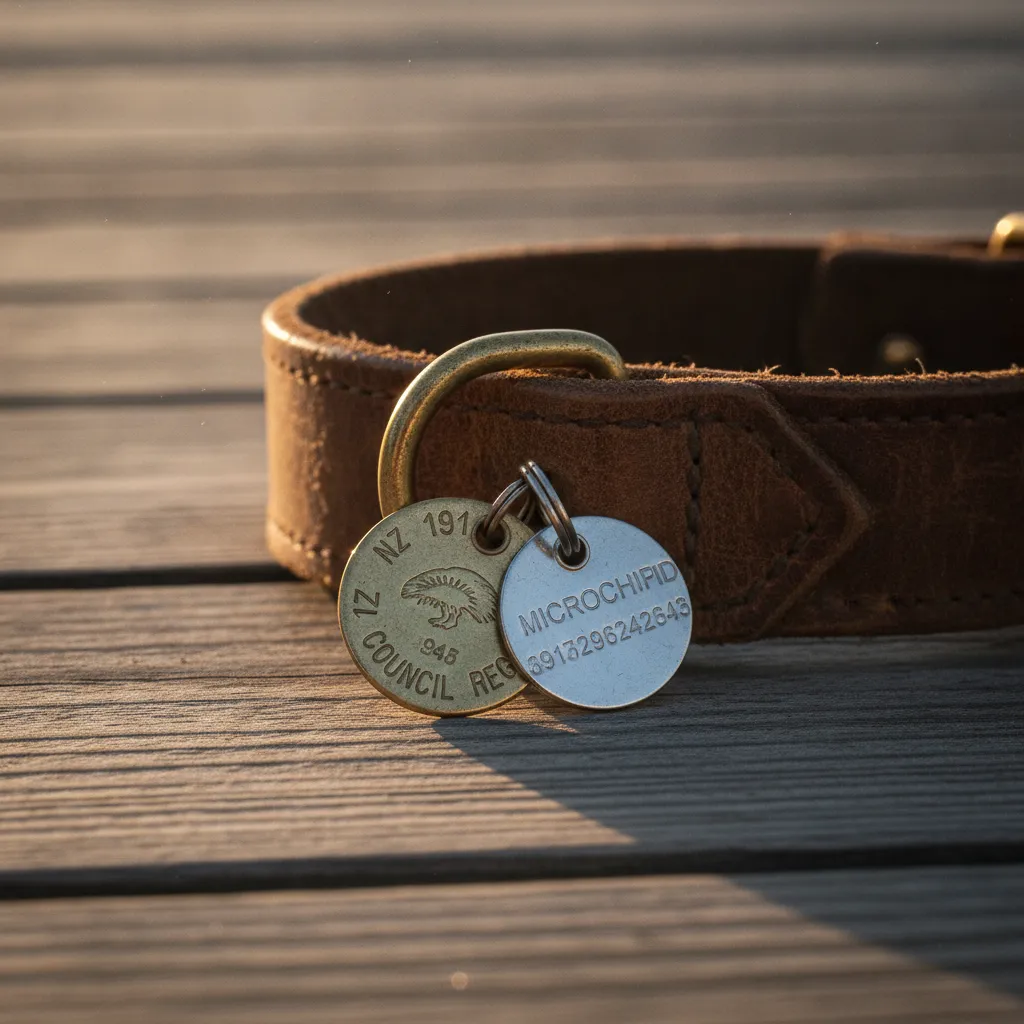 Close up of a New Zealand dog council registration tag and microchip disc on a leather collar