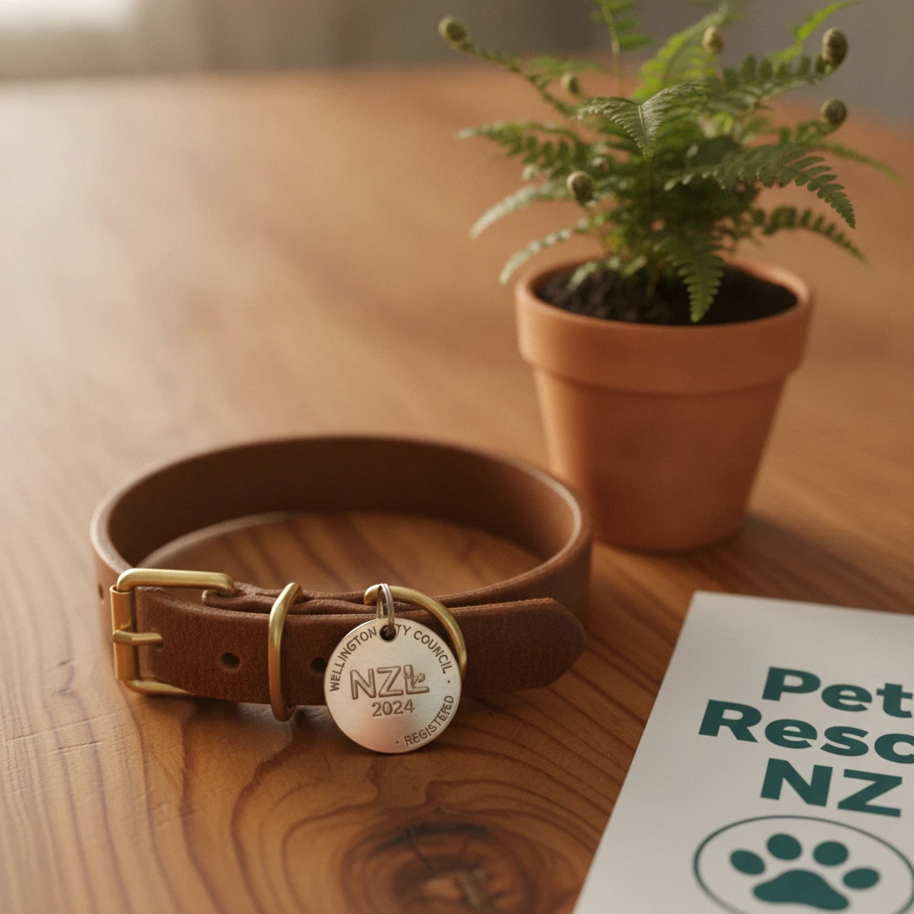 Close up of a New Zealand dog council registration tag on a collar