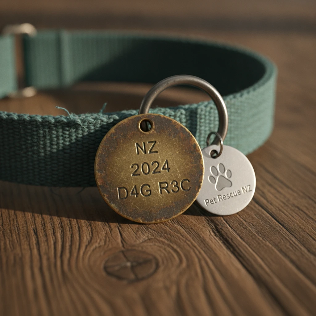 Close up of a New Zealand dog registration tag on a collar