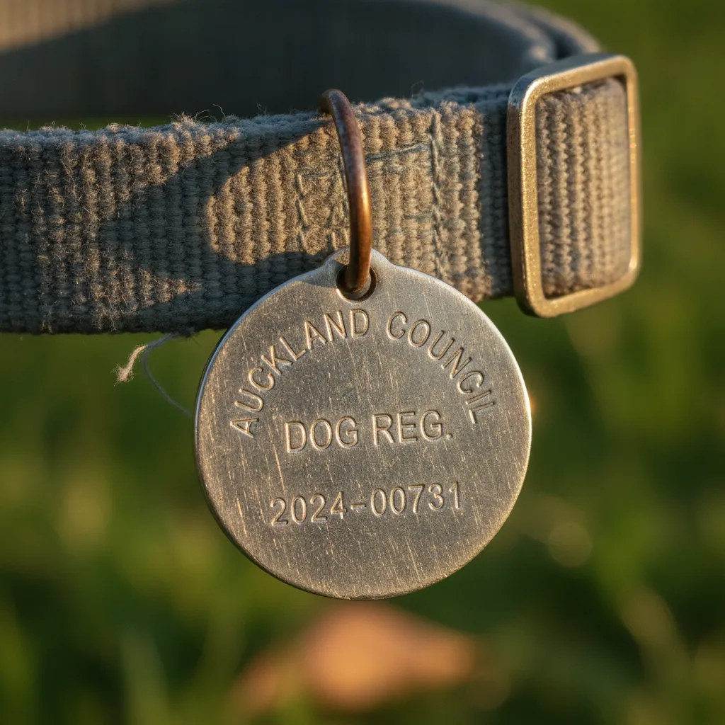 Close up of a New Zealand local council dog registration tag and microchip collar