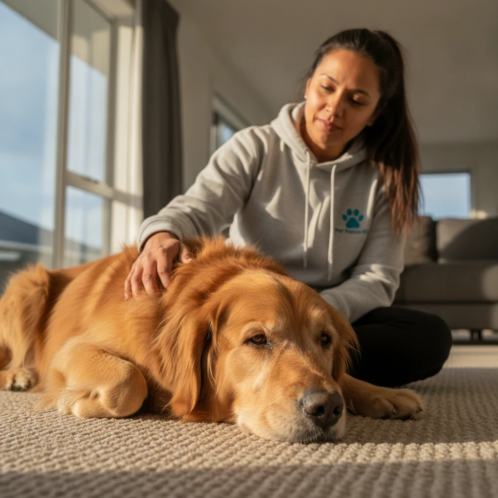 Close up of a relaxed dog resting at home