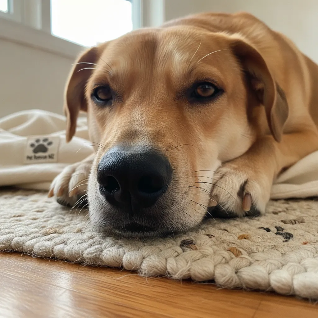 Close up of a relaxed dog resting safely on a living room rug at home