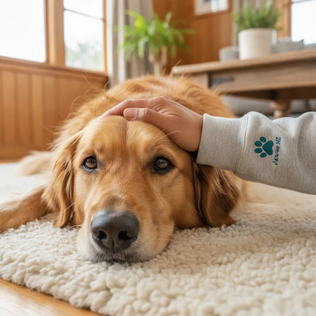 Close up of a relaxed domestic dog resting comfortably on a living room rug