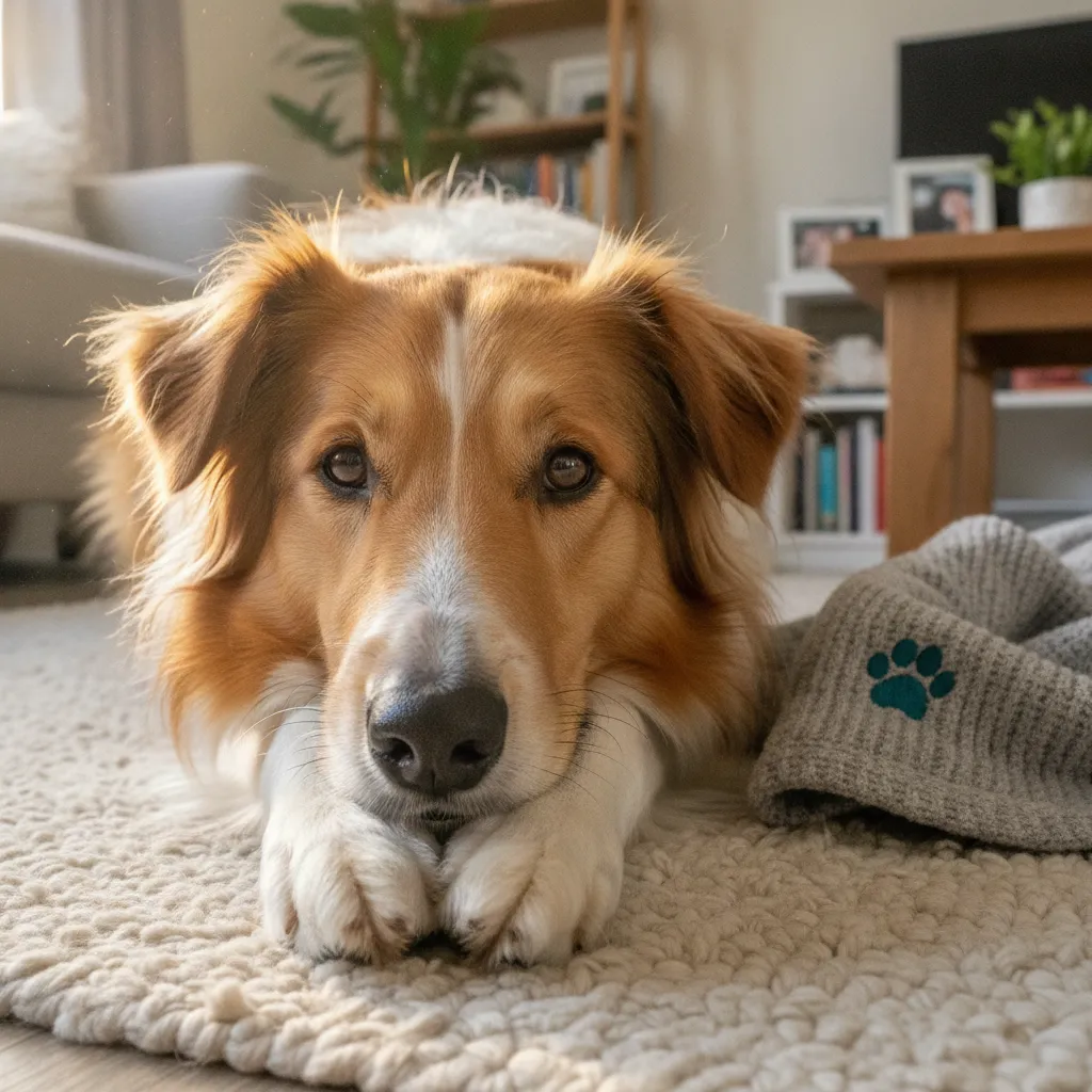 Close up of a relaxed mixed breed dog resting on a rug in a sunlit living room, demonstrating authentic pet photography