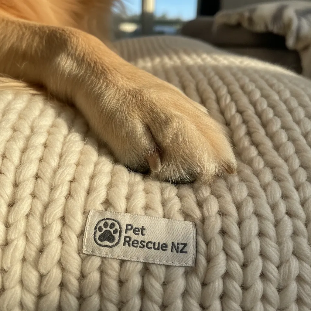 Close up of a safe, relaxed dog resting on a blanket at home