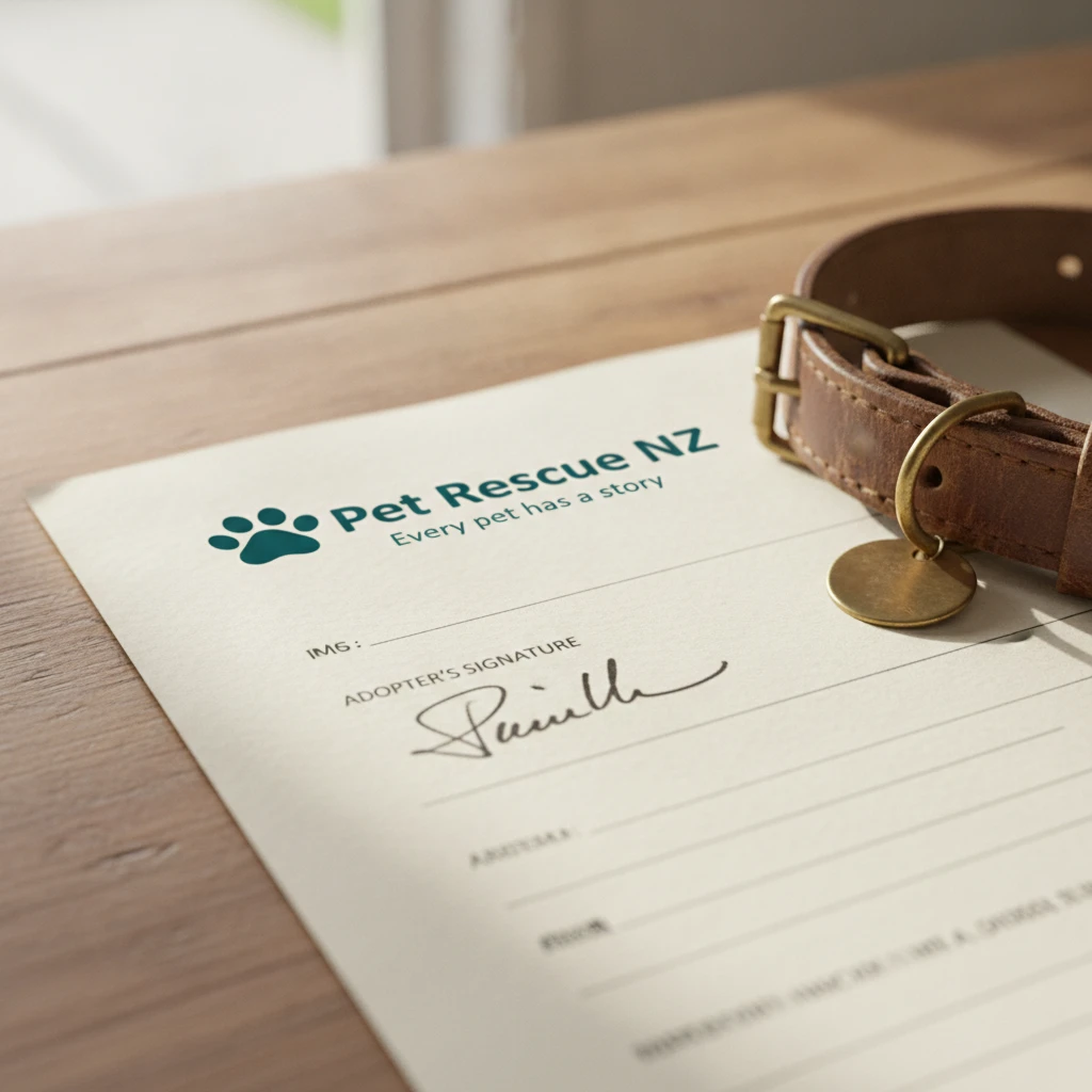 Close-up of a signed pet adoption agreement next to a dog collar on a wooden table
