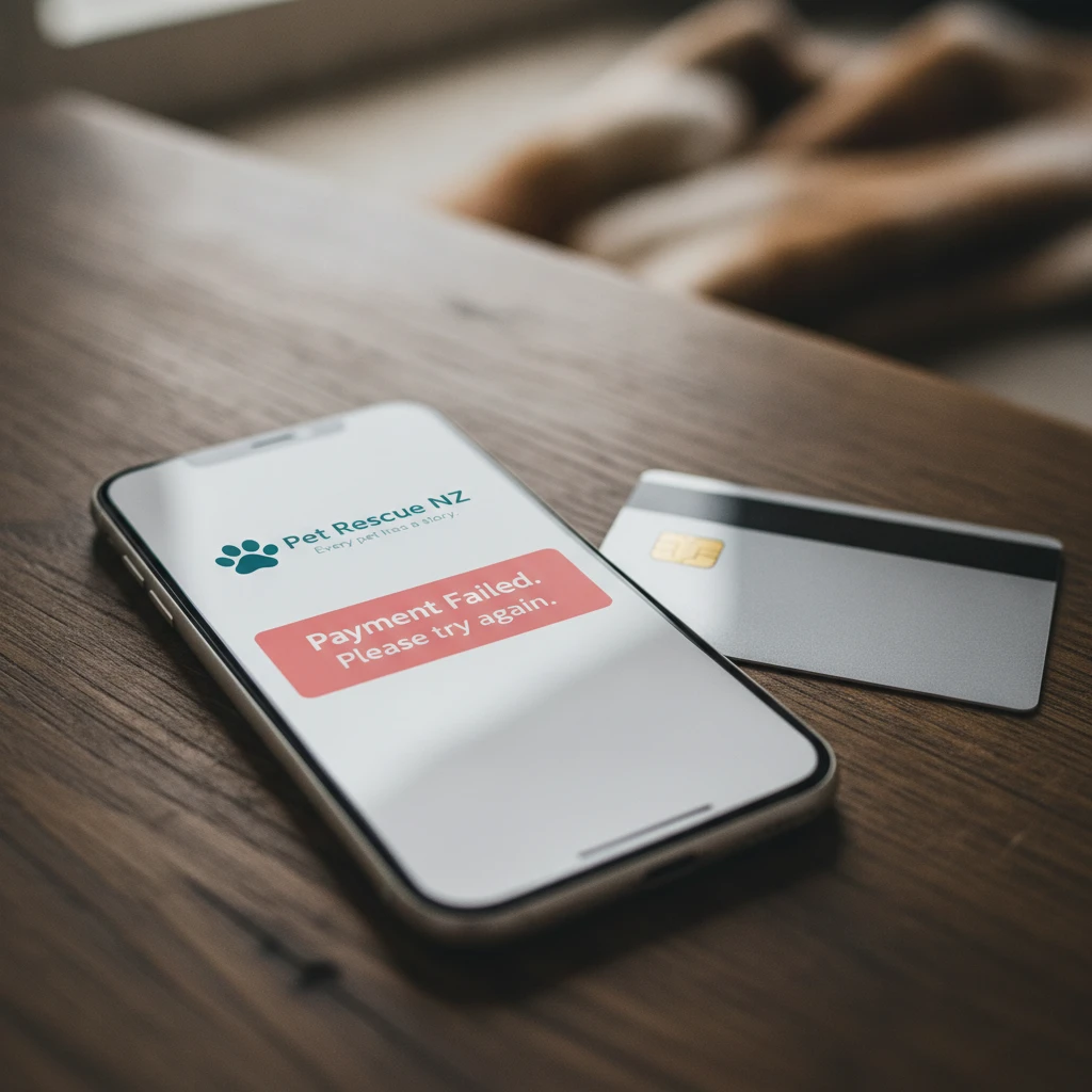 Close up of a smartphone displaying a payment failed error message next to a debit card