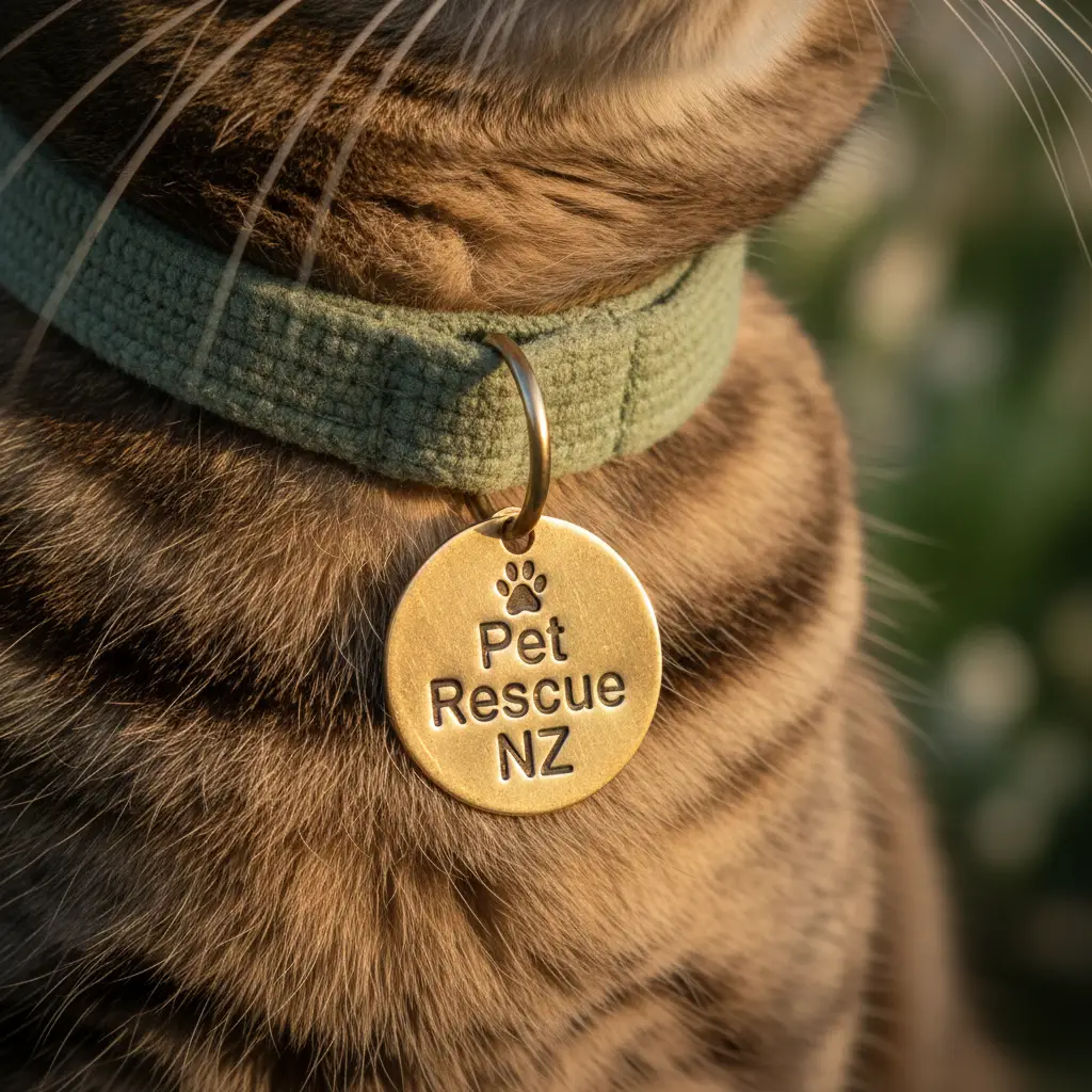 Close up of a tabby cat wearing a metal collar tag in the sunlight, representing secure pet ownership and safe rehoming.
