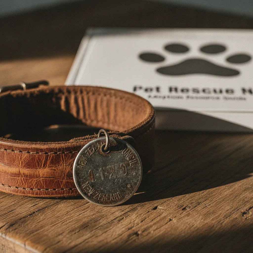 Close up of a worn leather dog collar and council tag resting on a table, symbolizing the transition of pet ownership