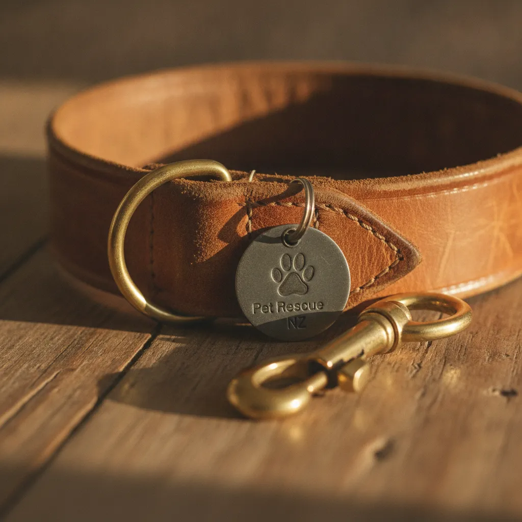 Close up of a worn leather dog collar and leash on a wooden floor