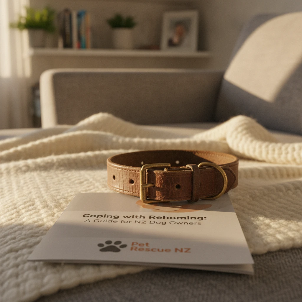 Close-up of a worn leather dog collar on a couch, symbolizing a home environment