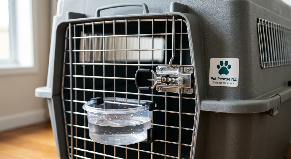 Close up of an IATA approved dog travel crate with water bowl