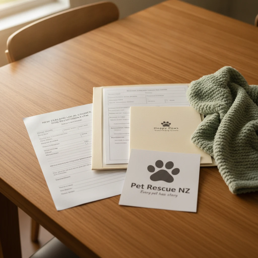 Close-up of NZ council dog registration forms and vet records next to a pet blanket