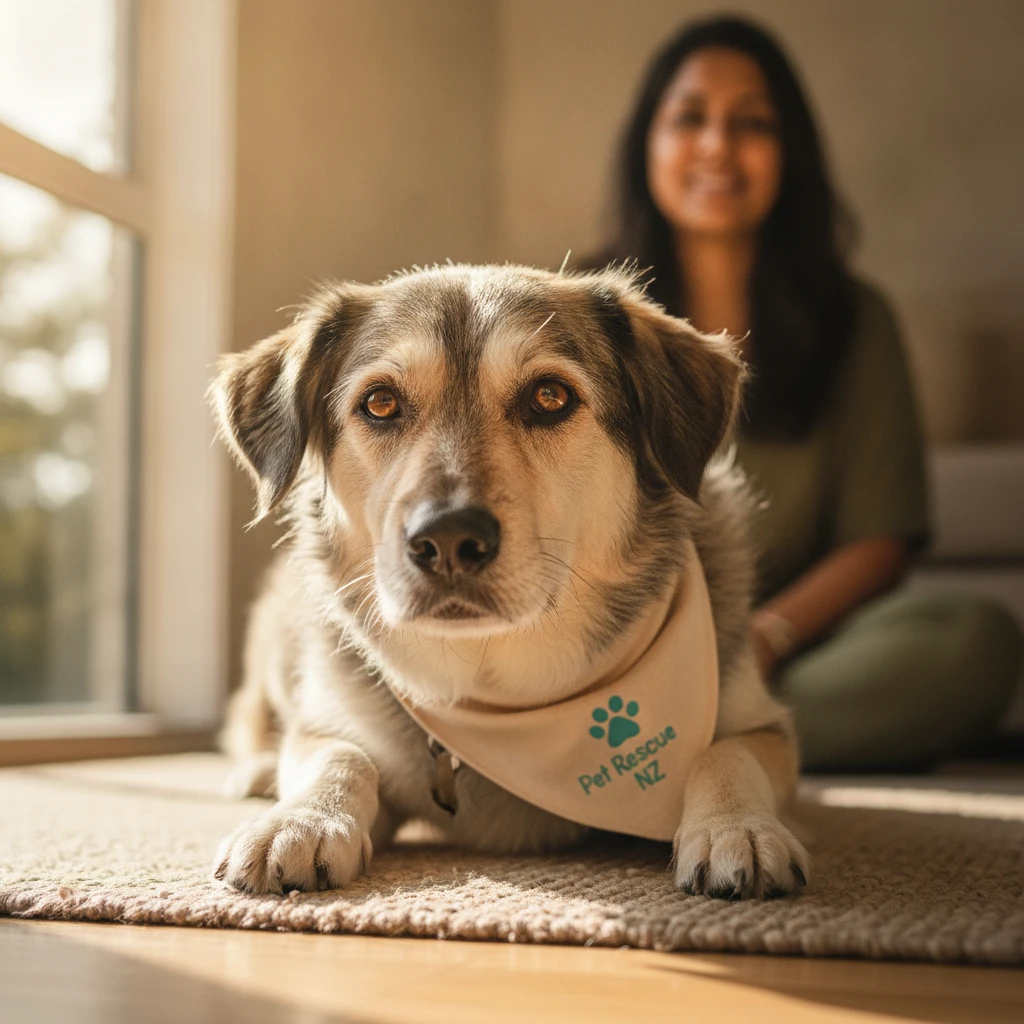 Close up photograph of a rescue dog resting in natural sunlight showing authentic coat textures