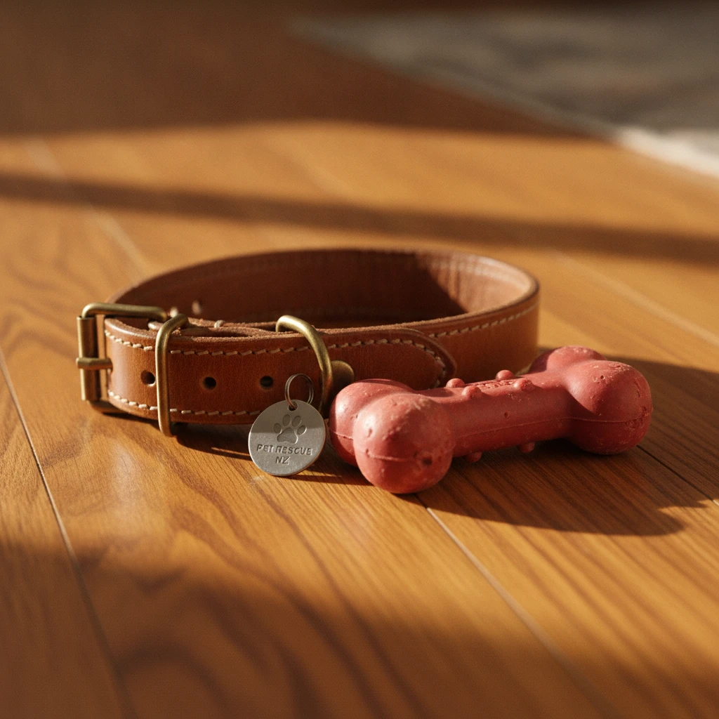 Dog collar and favorite chew toy resting on a wooden floor in morning sunlight