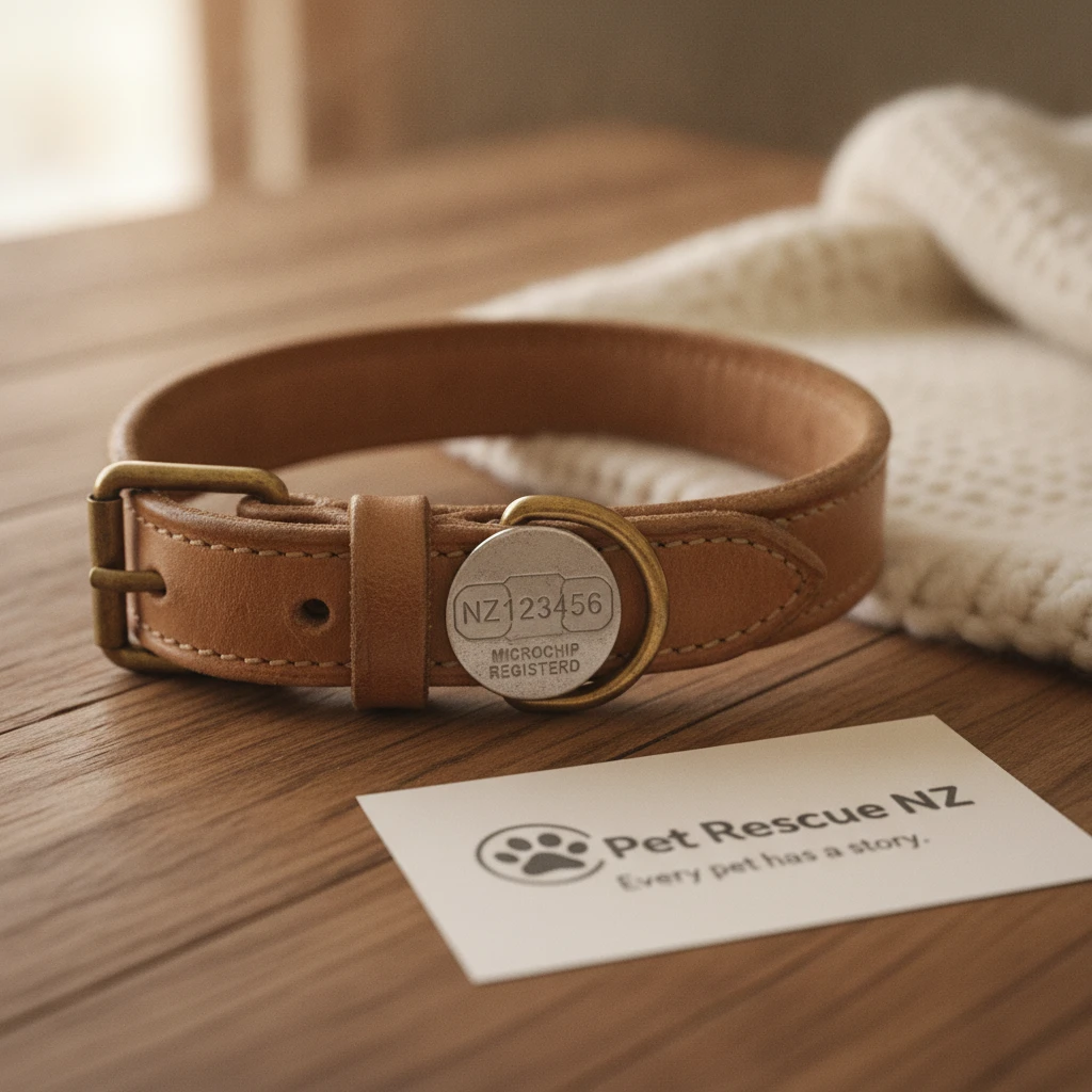 Dog collar and microchip tag highlighting the importance of updating the NZ Companion Animal Register