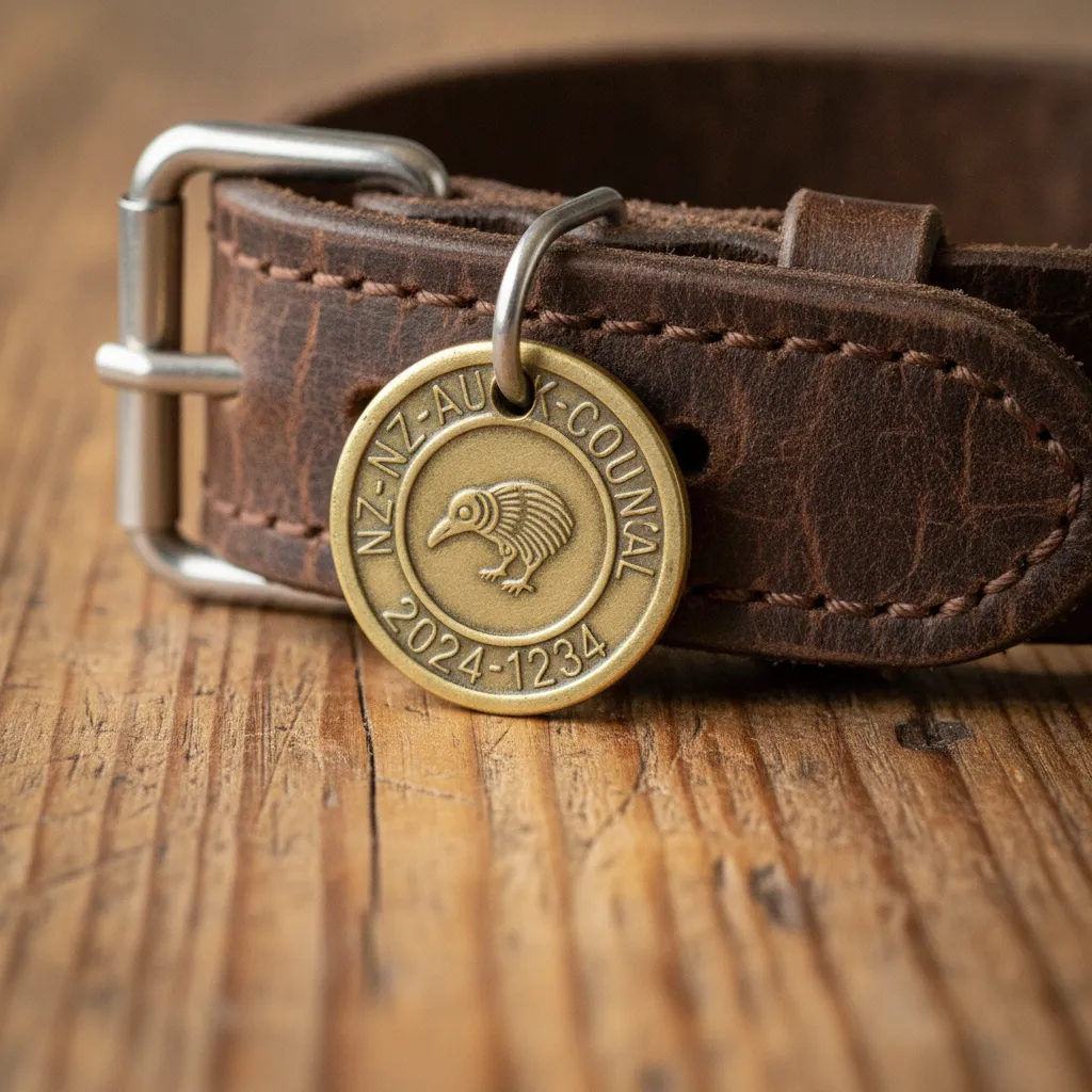 Dog collar and registration tag highlighting legal ownership transfer and preparation