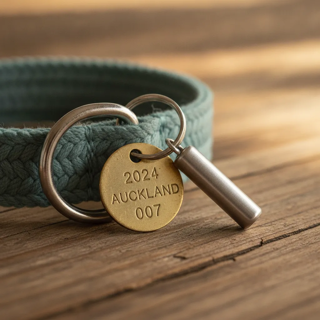 Dog collar showing council registration and microchip tags