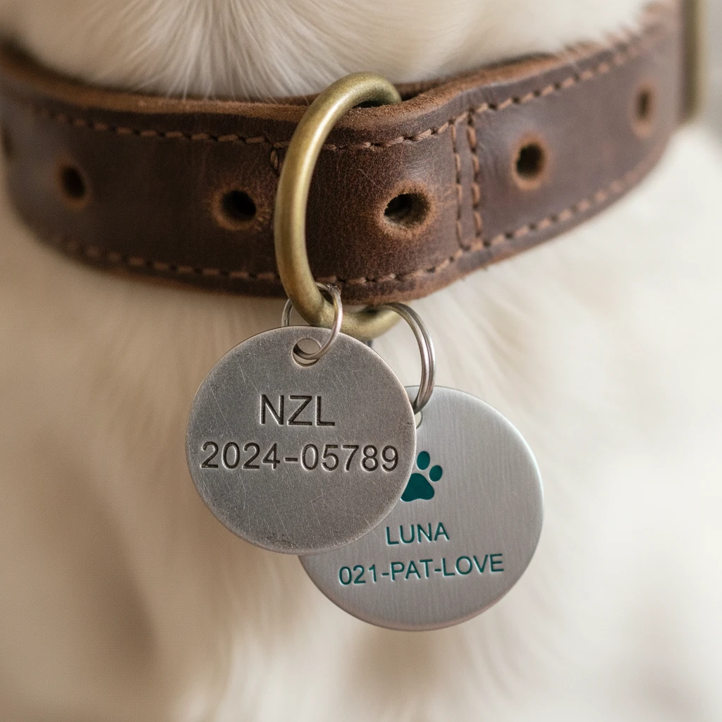 Dog collar with local council registration tag and NZCAR microchip tag