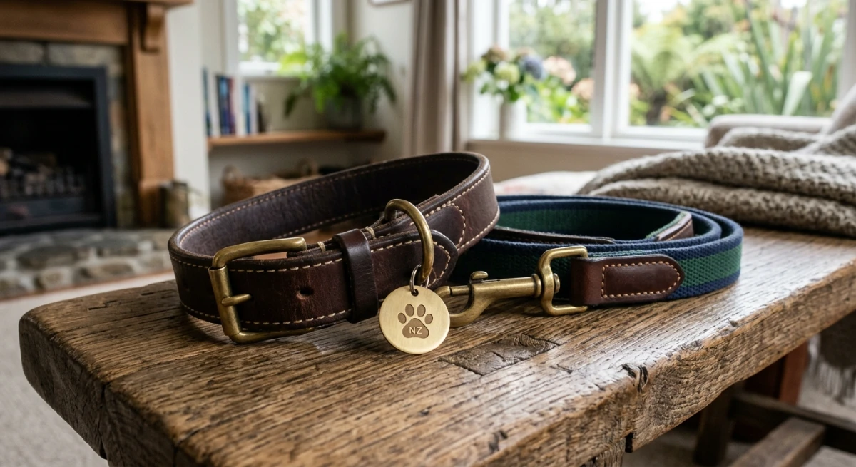 Dog leash and collar sitting on a wooden bench representing pet transition