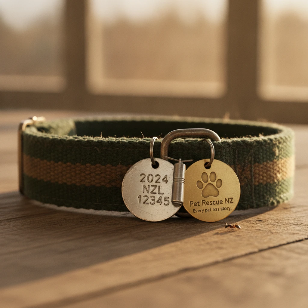 Macro close-up of a dog collar with a New Zealand council registration tag