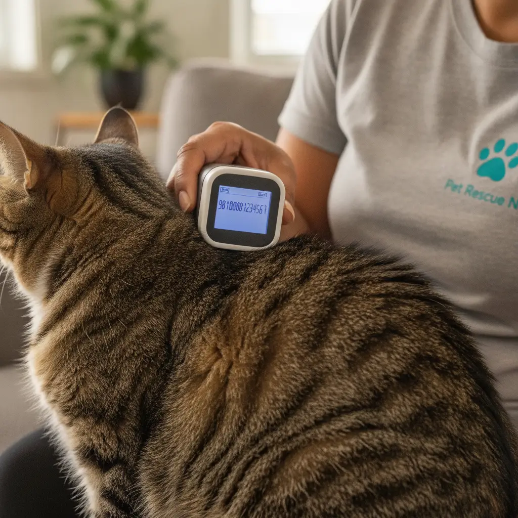 Microchip scanner checking a cat's registration details