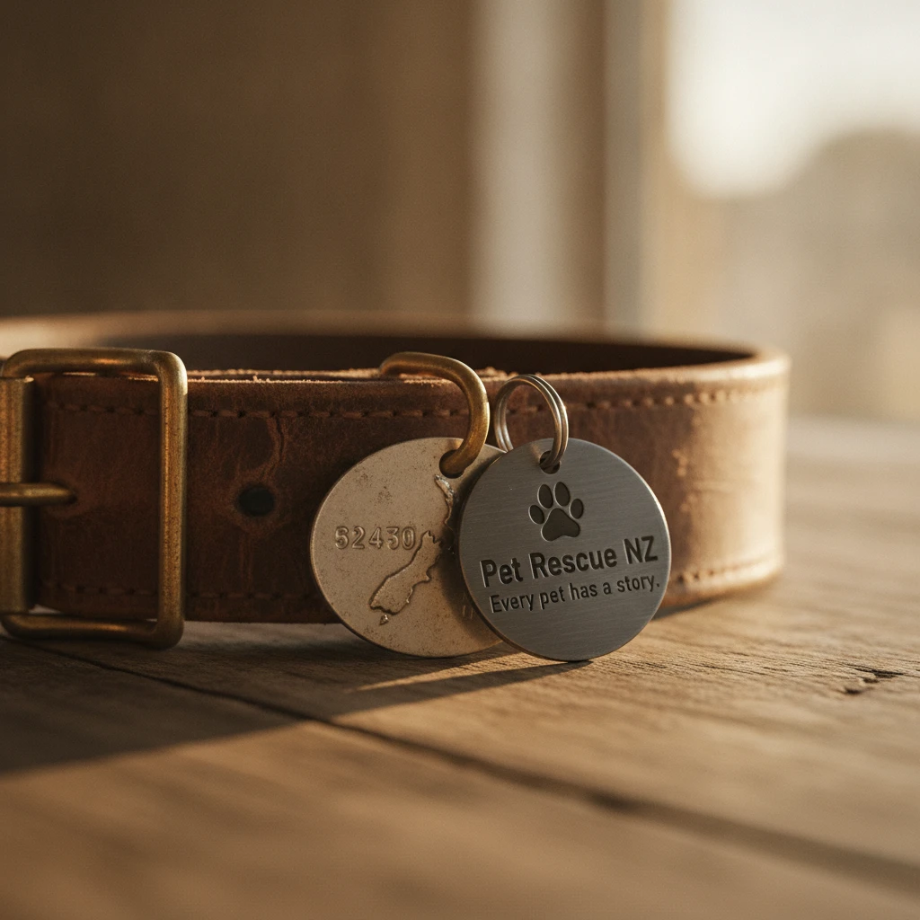 New Zealand dog council registration tag on a collar